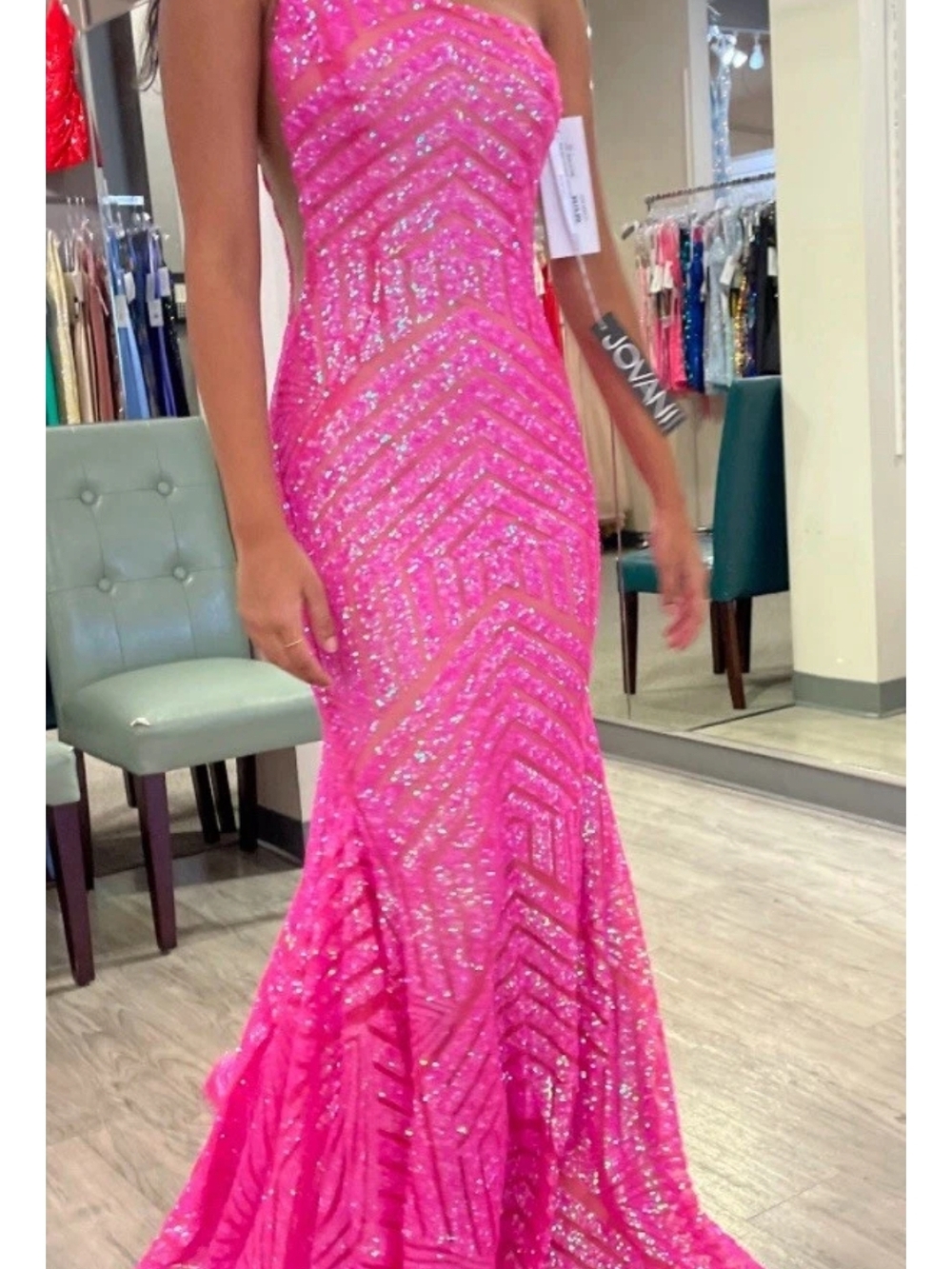 Jovani Hot Pink Sequined Strapless Mermaid Gown